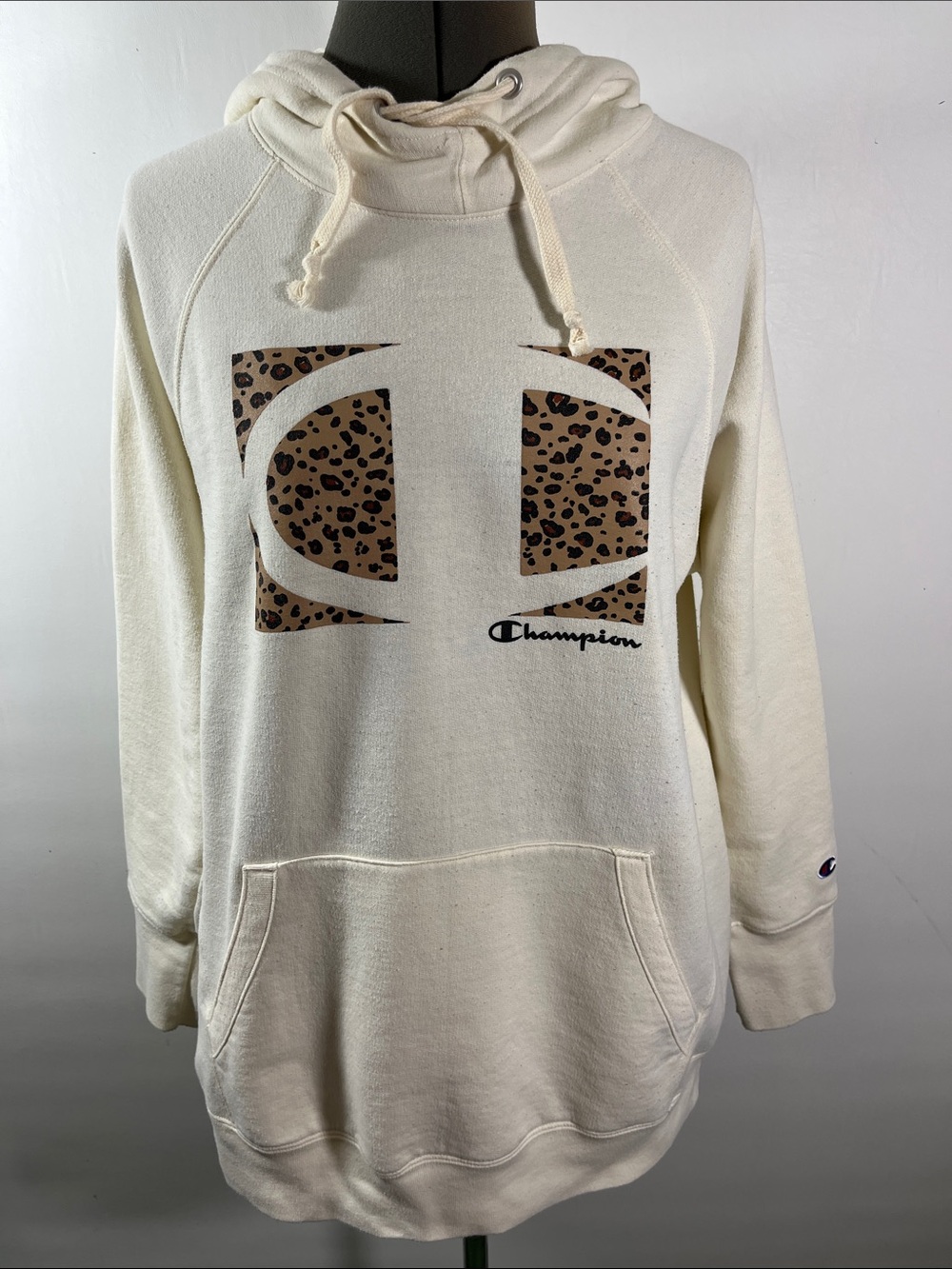 Champion Cream Hoodie with Leopard Logo Accent Size 1X